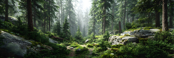 Obraz premium Explore the Serenity of the Evergreen Forest: A Beautiful Landscape of Lush Greenery and Towering Trees Perfect for Nature Lovers