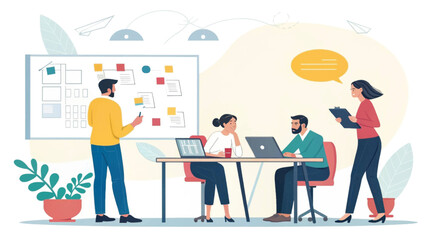 Professional business team collaborates in a modern office, discussing strategies and ideas. Depicts teamwork, innovation, and corporate planning.