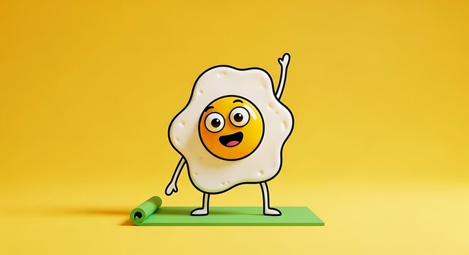 A happy, energetic cartoon fried egg character doing yoga on a mat, isolated on a vibrant yellow background