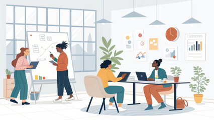Diverse team of women collaborating in a modern, bright office, brainstorming ideas and working on laptops. Ideal for business, innovation, and workplace themes.