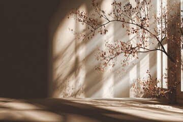 Warm sunbeams, shadows, & branches on beige
