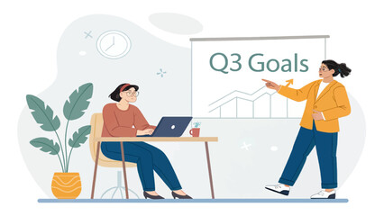 Two women collaborating in a modern office setting, reviewing Q3 goals on a presentation screen. Ideal for business, teamwork, and planning concepts.