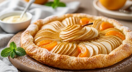 Pear and apricot tart crusty edges sliced fruit powdered sugar mint garnish