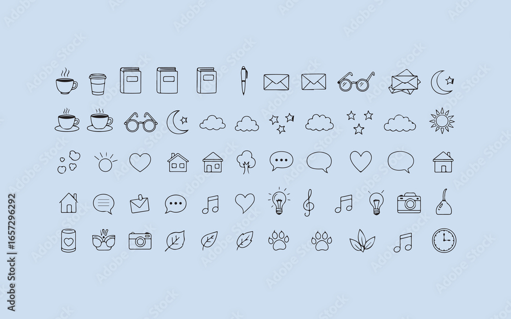 Poster collection of hand drawn simple doodle icons representing various concepts and objects on a light bl
