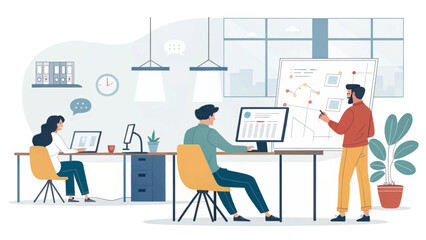 Professional team collaborating in a modern office, analyzing data and discussing strategies. Ideal for business, technology, and corporate concepts.