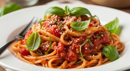 Plate of spaghetti with tomato sauce garnished with basil leaves and grated cheese