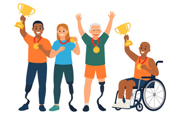 Obraz premium Happy paralympic athletes with medals and trophies wheelchair prosthesis vector illustration