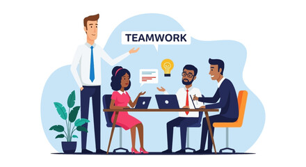 Business professionals collaborating around a table, showcasing teamwork, brainstorming ideas, and planning projects in an office setting. Ideal for corporate themes.