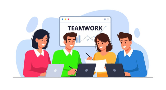 Diverse business team collaborating on a project with laptops, showcasing unity and productivity. Ideal for corporate success concepts.