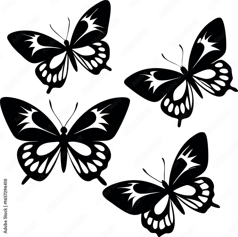 Poster four stylized butterflies in monochrome creating a simple and delicate design