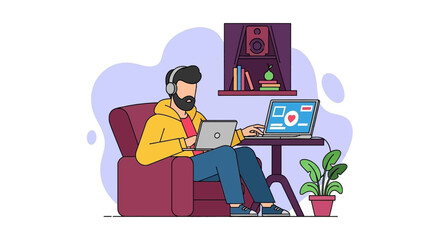 Bearded man in headphones working remotely on a laptop from the comfort of his home, illustrating flexible work, freelance, or online learning lifestyle.