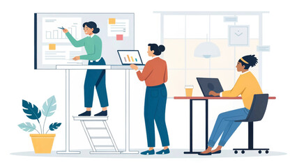 Diverse team of professional women collaborating in a modern office, engaged in a presentation and working on laptops, symbolizing teamwork, growth, and business development.