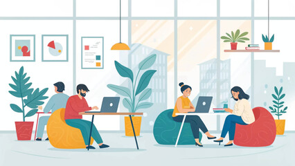 Diverse professionals collaborate and work flexibly in a modern, vibrant co-working space. Ideal for business, startup, and remote work concepts.