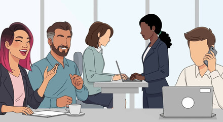 Diverse professionals collaborate in a modern office, engaged in discussions, working on laptops, and making calls. Ideal for business, teamwork, and communication concepts.