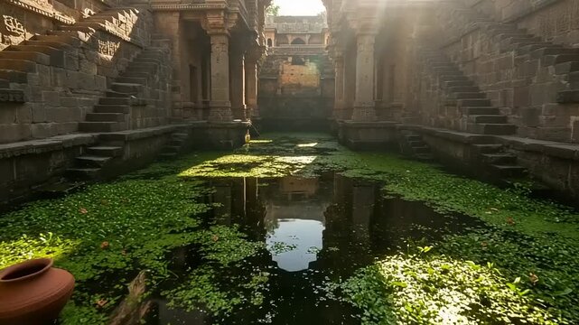 Ancient stepwell surrounded by lush greenery and light
