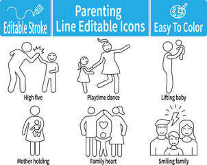 Parenting Line Editable Icons featuring high five, mother with daughter, baby lift, mother holding, family heart, and smiling portrait for family and education themes