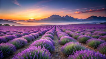 Obraz premium Lavender Field at Sunrise with Mountain Backdrop