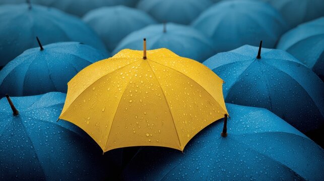 A vibrant yellow umbrella standing out among a multitude of blue umbrellas in a colorful outdoor setting