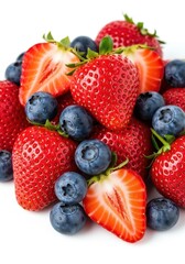 Obraz premium Fresh ripe strawberries and blueberries pile isolated on white background