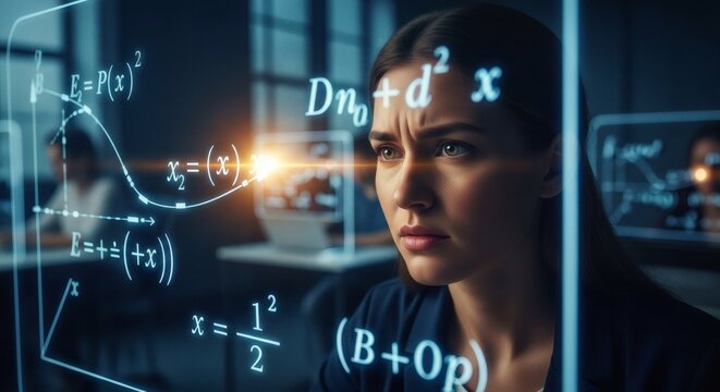 Focused woman studies complex mathematical equations projected in a futuristic glowing digital interface - Powered by Adobe
