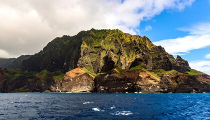 Fototapeta premium Dramatic coastal cliffs rise above a tranquil ocean.