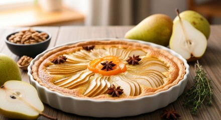 A pear tart rests on a table surrounded by fresh pears walnuts thyme  star anise