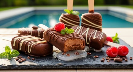 Chocolatecovered ice cream bars some decorated with white chocolate  garnished with mint leaves and raspberries are displayed outdoors on a dark slate serving board