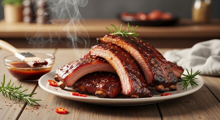 Plate of BBQ ribs glazed garnished with rosemary and chili served with sauce