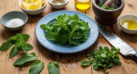 Mint leaves on a blue plate surround ingredients on a wooden table A knife lies next to some chopped mint