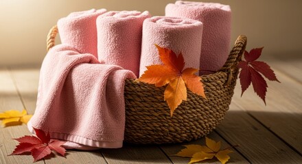 Rolled pink towels fill a woven basket accented by autumn leaves scattered on a wooden floor