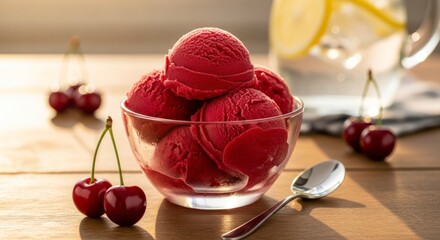 Red ice cream scoops fill a glass bowl with cherries a spoon and a citrusfilled pitcher on a wooden table