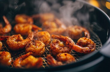Close-up of sizzling spicy chicken wings cooking in a black skillet with steam rising, ready to serve