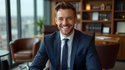 Fototapeta premium Confident young businessman smiling in modern office interior