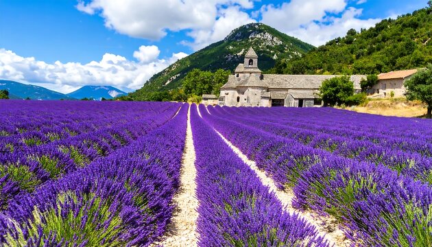 Rows of vibrant purple lavender fields stretch towards a quaint stone chapel nestled in a mountain valley under a bright, sunny sky