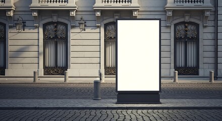 Blank billboard stands on cobblestone street in front of ornate building facade