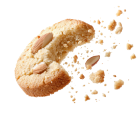 A round, light-brown cookie, broken in half, with almond pieces visible.  Crumbs are scattered around the cookie
