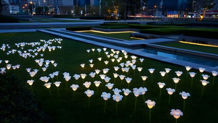 Blooming pink tulips at night in a park garden