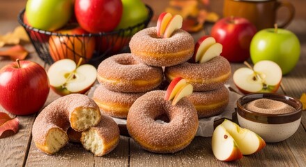 Apple cider donuts surround apples and a bowl of cinnamon sugar on a wooden surface