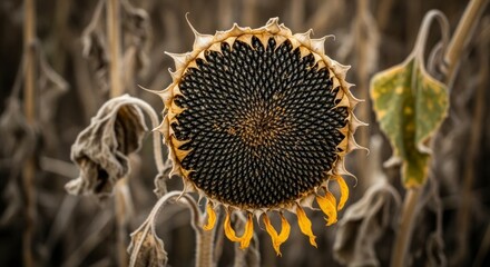 Sunflower head filled with dark seeds drying petals and faded leaves against a muted field background