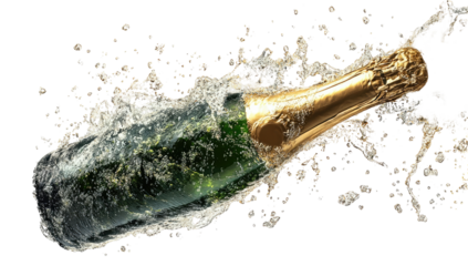 Champagne bottle erupting in celebratory splashes
