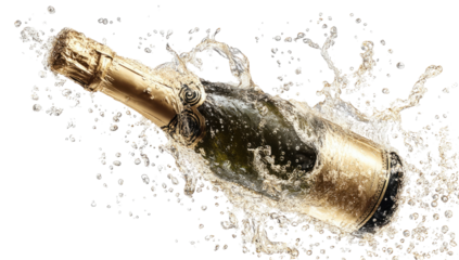 Champagne bottle erupts in a celebratory spray of effervescent bubbles