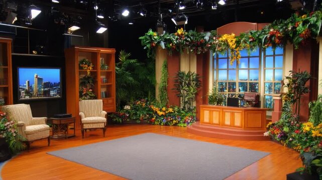 Cozy and Elegant Television Studio Set with Rich Greenery and Warm Lighting for Interview or Talk Show Settings 4k video footage