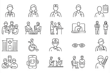 Black Line Icons Collection for Healthcare, Doctors, and Medical Equipment