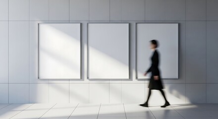 Fototapeta premium Blurred Figure Walks Past Empty Frames in Modern, Minimalist Interior