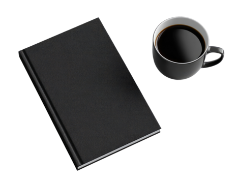 Flat lay of a black book and a cup of coffee