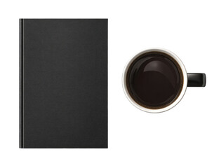 Flat lay of a black book and coffee cup