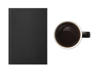 Flat lay of a black book and coffee cup