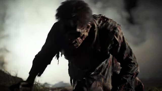 A terrifying zombie with tattered clothes and a menacing expression shambles forward in the dark.