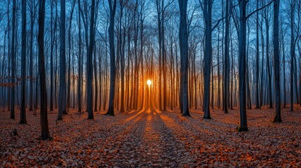 Forest scene with golden sun and leaf-covered ground