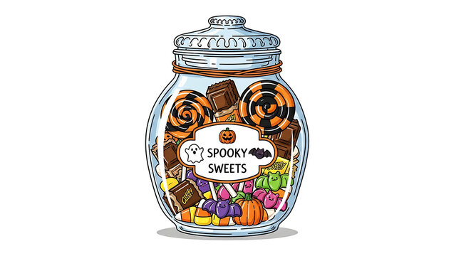 A jar filled with halloween candy including lollipops chocolate bars and candy corn with a spooky sweets label